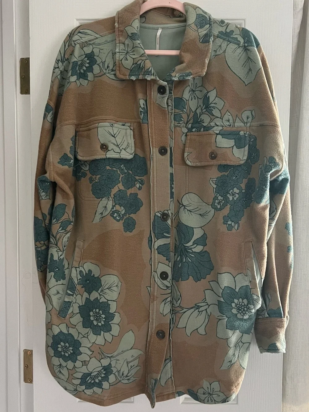 Free People Floral Teddy Shacket - Tan & Teal